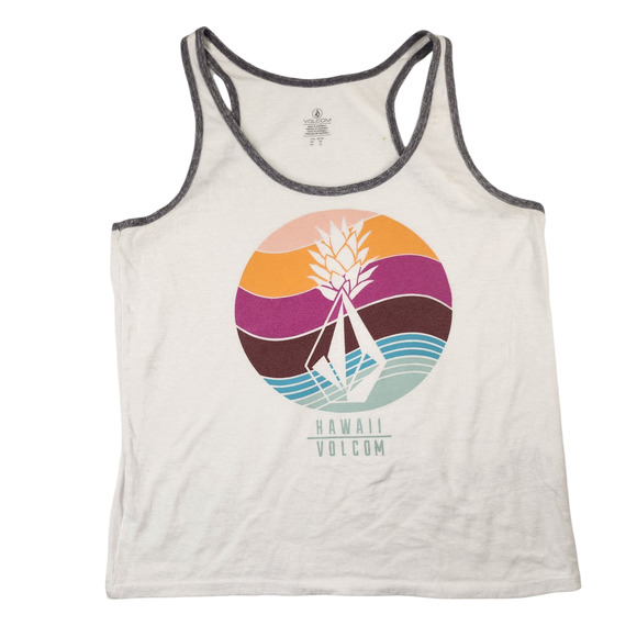 Volcom Tank Top Womens Medium White Hawaii Hawaiian Pineapple Surf Wave Graphic - Picture 2 of 10
